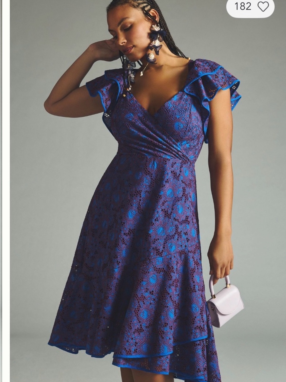 Anthropologie Flutter Sleeve Purple and Blue Lace Wrap Midi Dress